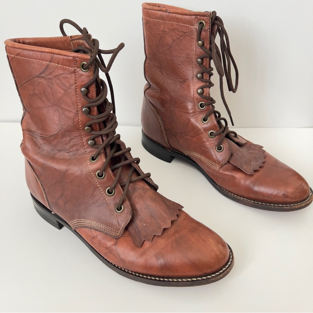 Justin Chestnut Marbled Deerlite Leather Lace Up Boots L0563 Women's Sz 6.5